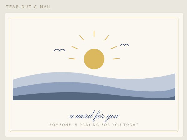 Design study of a tear-out blessing postcard — &ldquo;a word for you: someone is praying for you today&rdquo;