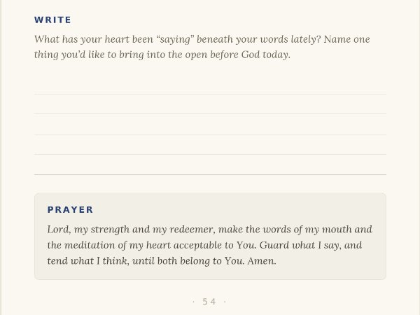 Design study of a journal page — a Write prompt above ruled lines, with a short printed prayer