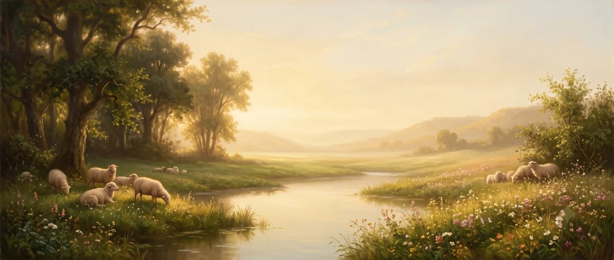 Classical painting of green pastures and still waters, after Psalm 23 — daily scene art in the Pen & Psalm Bible journaling app