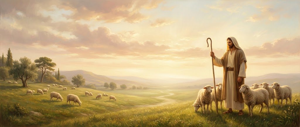 Classical painting of Christ the Good Shepherd — daily scene art in the Pen & Psalm Bible journaling app