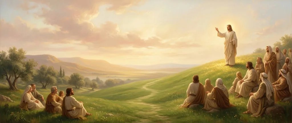Classical painting of Jesus teaching the Sermon on the Mount — daily scene art in the Pen & Psalm Bible journaling app