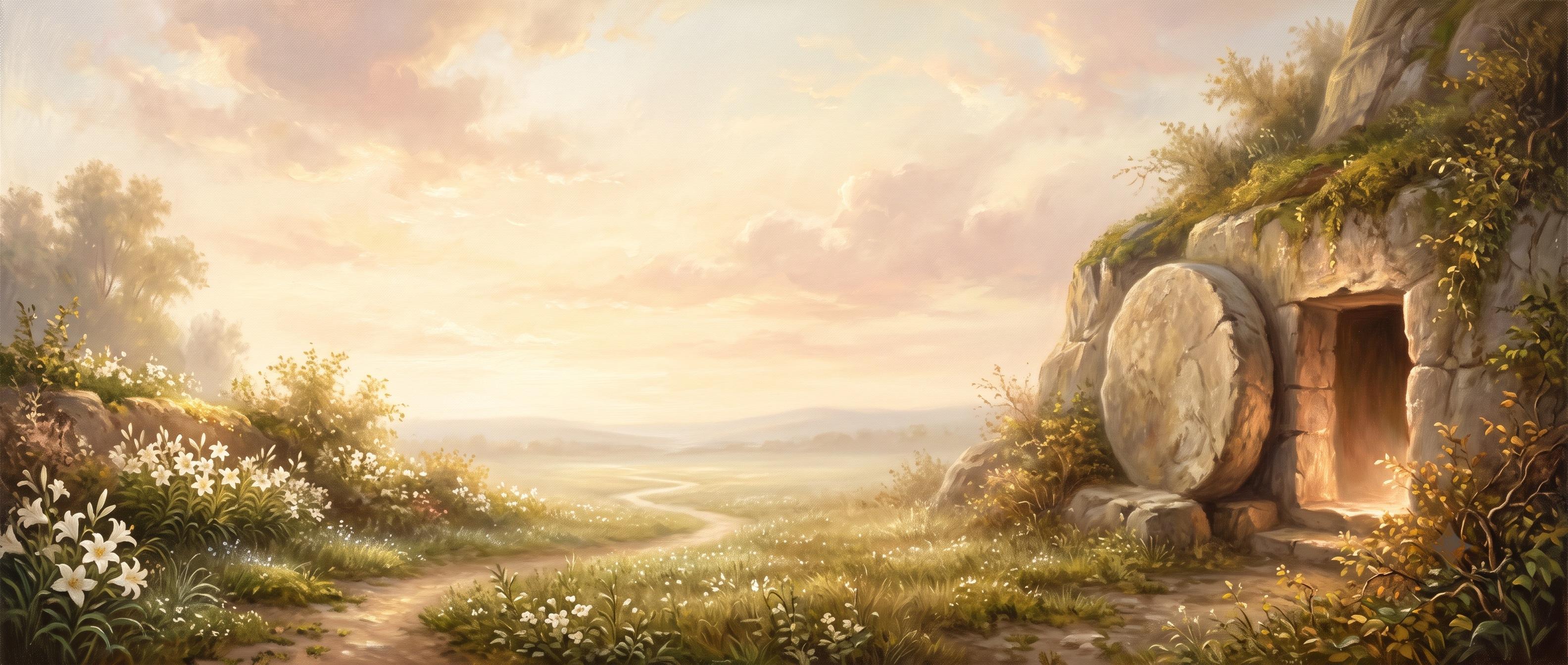 Classical painting of the empty tomb at dawn on Easter morning — daily scene art in the Pen & Psalm Bible journaling app