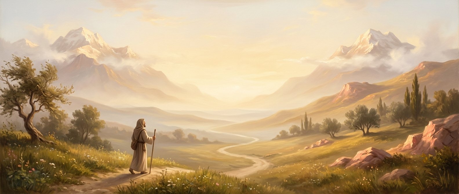 Classical painting of a pilgrim walking toward the mountains — daily scene art in the Pen & Psalm Bible journaling app